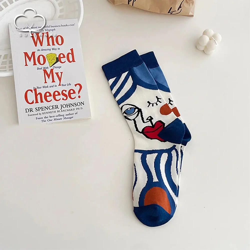 X17 BLUE  Fashionable Printed Mid-Calf Cotton Socks One Size